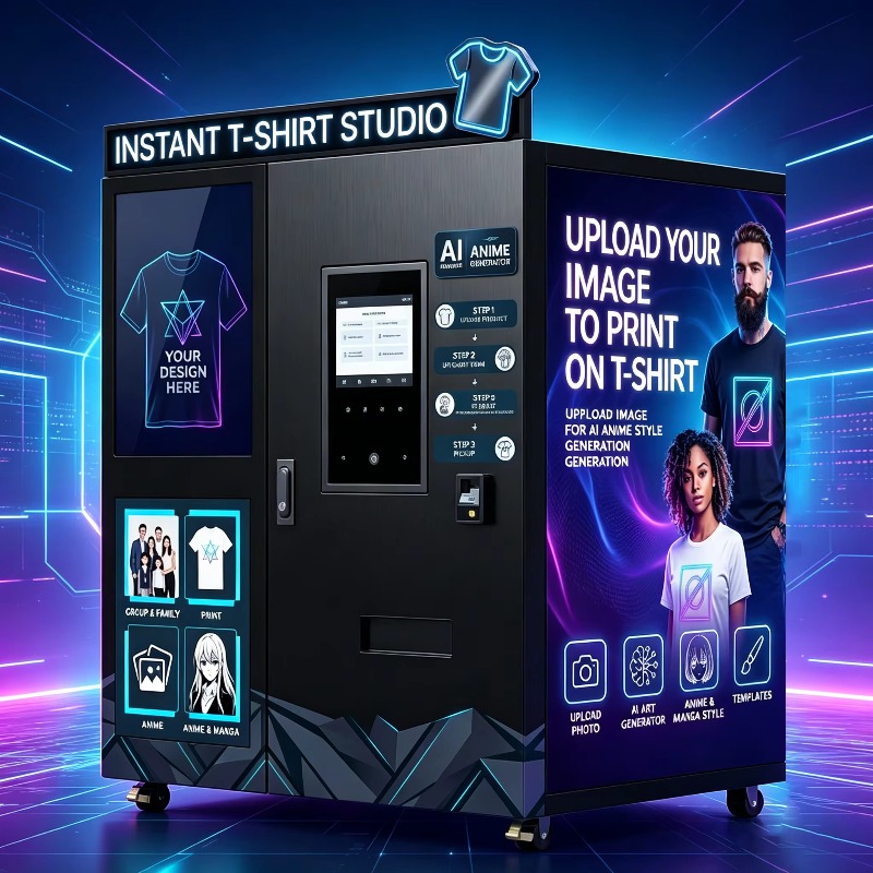 Arcade Ticket Machine - AI搭載インテリジェント生成服飾自動販売機、電子タッチスクリーン搭載、パーソナライズDIYテキストパターンカスタマイズ対応